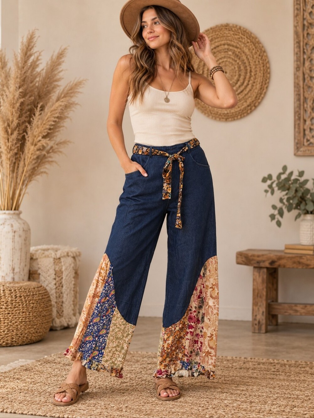 479.Denim Wide-Leg Patchwork Pants with Floral Tie Belt
